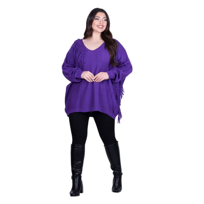 Platinum Μπλούζα Μωβ Γυναικεία Πλεκτή Μακριά Φαρδιά Με Ντεκολτέ & Κρόσσια Casual Free Size - 24143-MV - Image 3