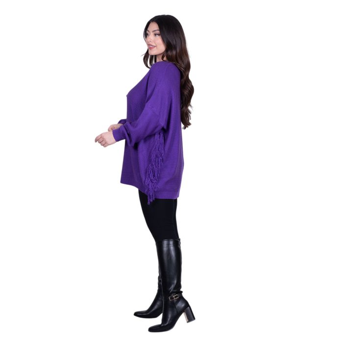 Platinum Μπλούζα Μωβ Γυναικεία Πλεκτή Μακριά Φαρδιά Με Ντεκολτέ & Κρόσσια Casual Free Size - 24143-MV - Image 4