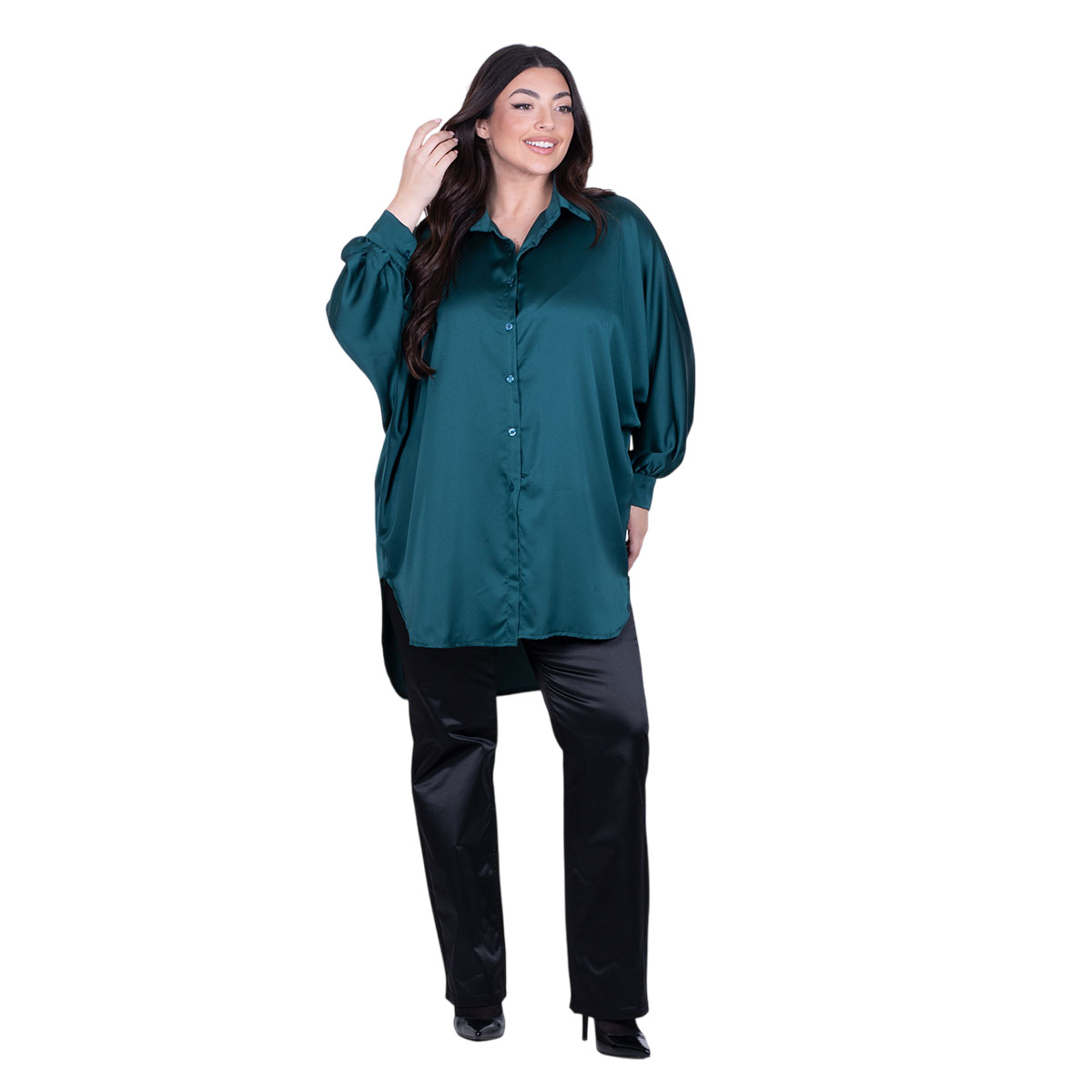 265-GU-GR Platinum Πουκαμίσα Πετρολ Γυναικεία Σατινέ Μακριά Ασύμμετρη All Day Free Size - 265-GU-GR - Image 1