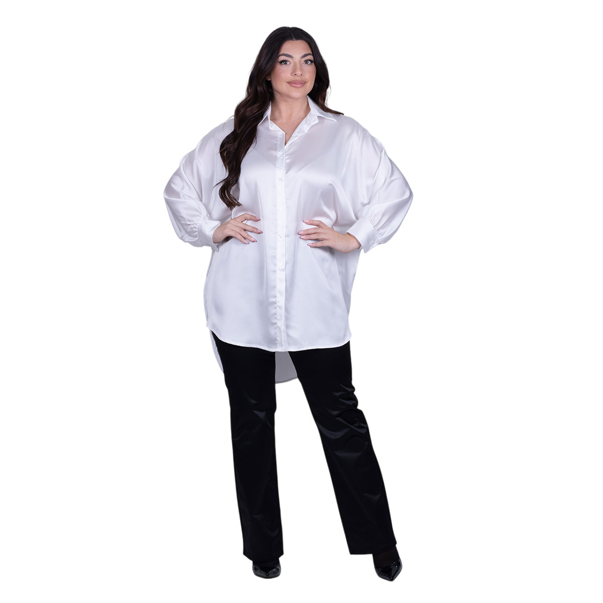 265-GU-W Platinum Πουκαμίσα Λευκή Γυναικεία Σατινέ Μακριά Ασύμμετρη All Day Free Size - 265-GU-W - Image 1