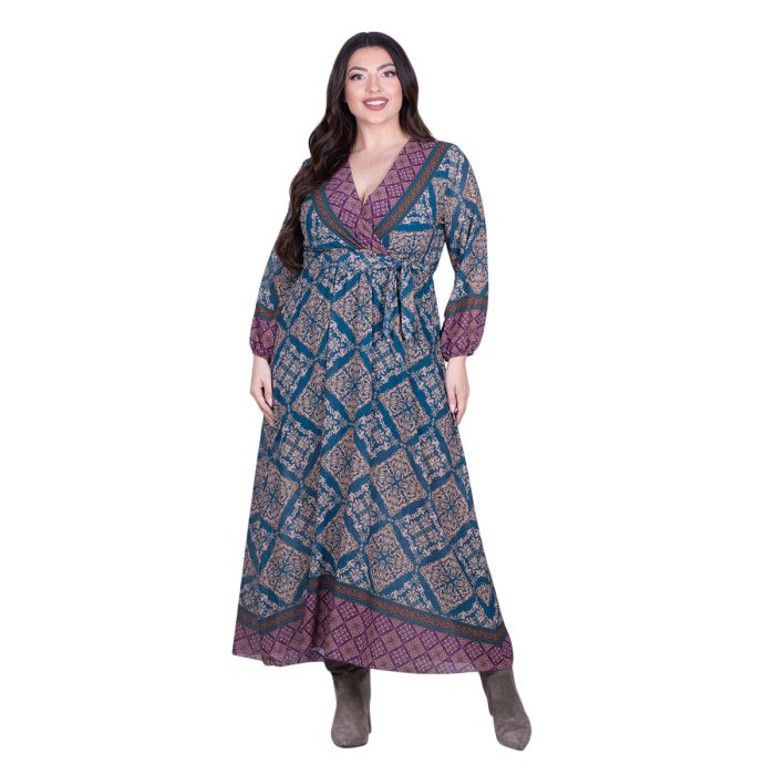 Platinum Φόρεμα Πετρόλ - Μωβ Με Εμπριμέ Γυναικείο Κρουαζέ Klos All Day Free Size -  4963-W