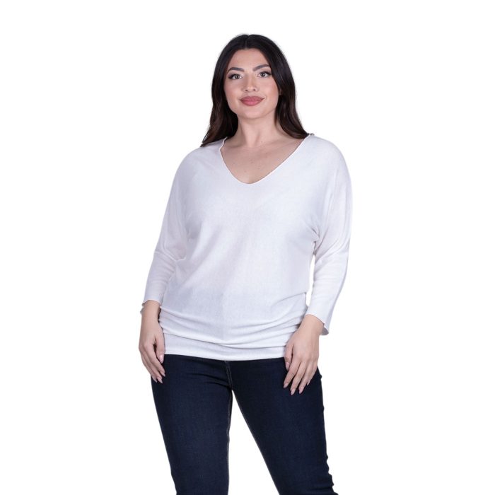 Platinum Μπλούζα Λευκή Γυναικεία Πλεκτή Φαρδιά Με Ντεκολτέ Casual All Day Free Size - 6266-W