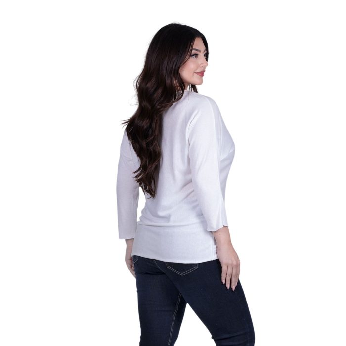 Platinum Μπλούζα Λευκή Γυναικεία Πλεκτή Φαρδιά Με Ντεκολτέ Casual All Day Free Size - 6266-W - Image 3