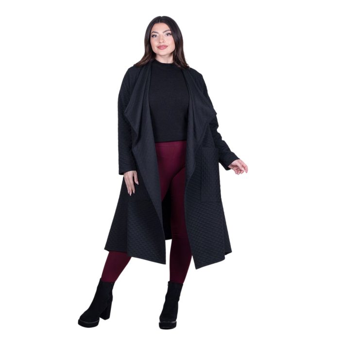 Fairyland Moschato Παλτό Μαύρο Γυναικείο Ανάγλυφο Σχέδιο Με Τσέπες Casual All Day Free Size - 76208-BC