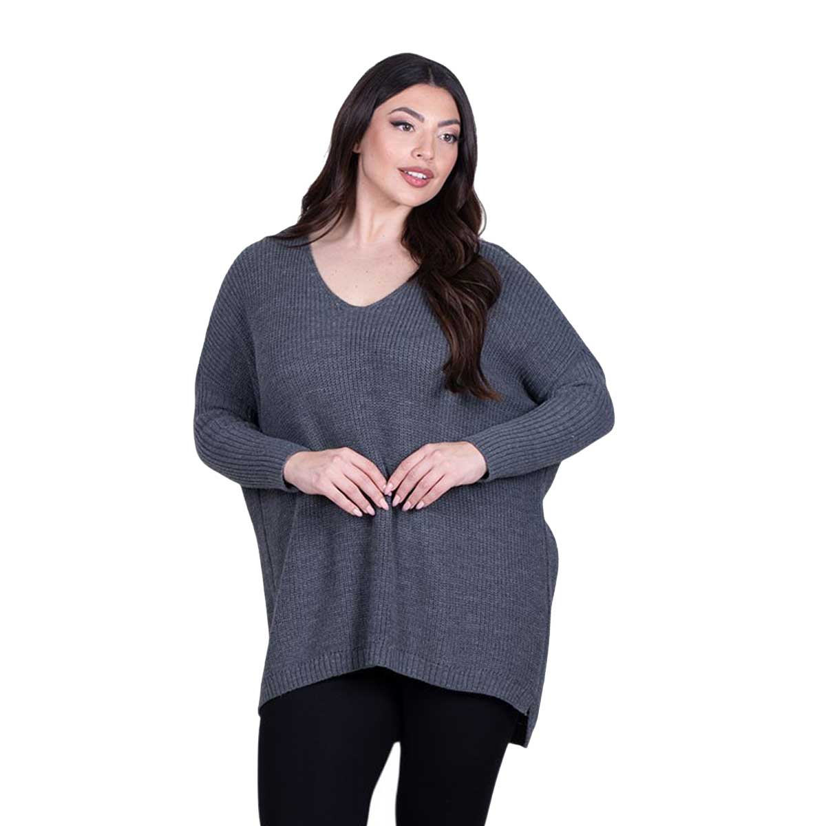 FM-886-G Fairyland Πουλόβερ Γκρι Γυναικείο Πλεκτό Ασύμμετρο Casual Με Nτεκολτέ All Day Free Size -FM-886-G - Image 1
