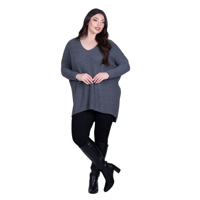 Fairyland Πουλόβερ Γκρι Γυναικείο Πλεκτό Ασύμμετρο Casual Με Nτεκολτέ All Day Free Size -FM-886-G - Image 2
