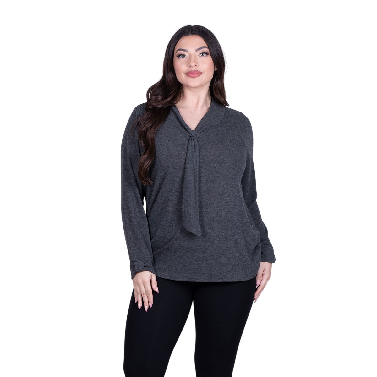 GM-04145-GRna Gomore Μπλούζα Γκρι Γυναικεία Με Γραβάτα Κλασική Καθημερινή - GM-04145-GR - Image 1