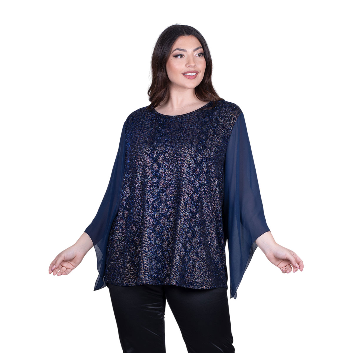 GM-24933-BL Gomore Μπλούζα Μπλε Γυναικεία Βραδινή Μελανζέ Τρουακαρ Μανίκια Με Μουσελίνα - GM-24933-BL - Image 1