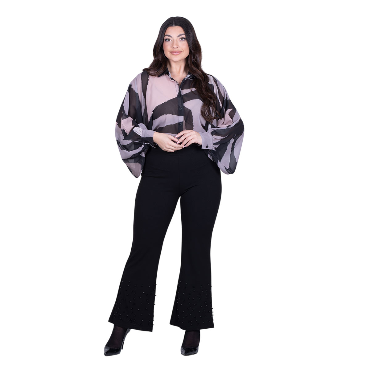 GM-35824a Gomore Παντελόνι Μαύρο Γυναικείο Κρεπ Ελαστικό Με Καμπάνα & Κεντητό Σχέδιο 7/8 All Day - GM-35824-BC - Image 1