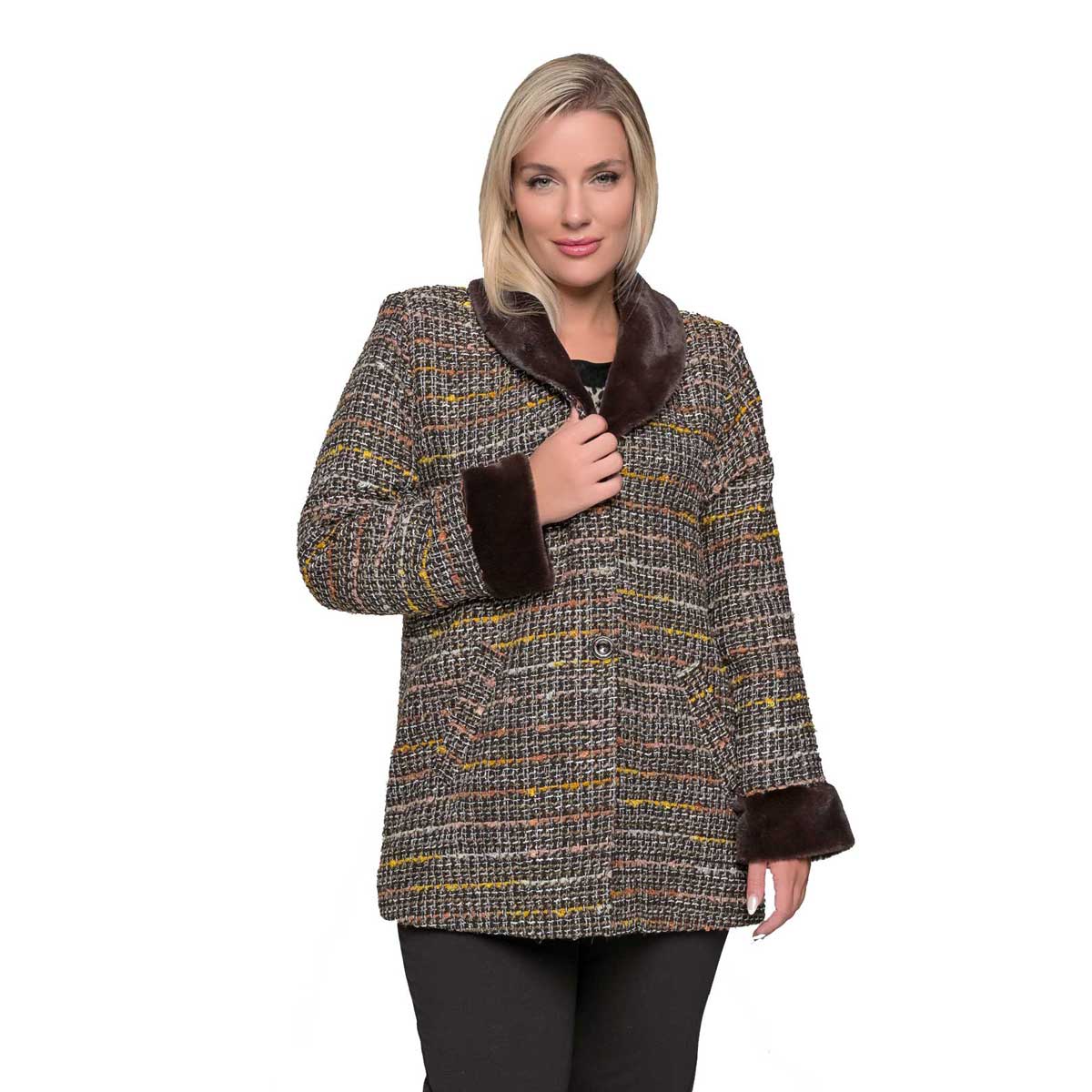 GM-56442-BR Gomore Σακάκι Καφέ Γυναικείο Μπουκλέ Με Φόδρα & Οικολογική Γούνα All Day - GM-56442-BR - Image 1