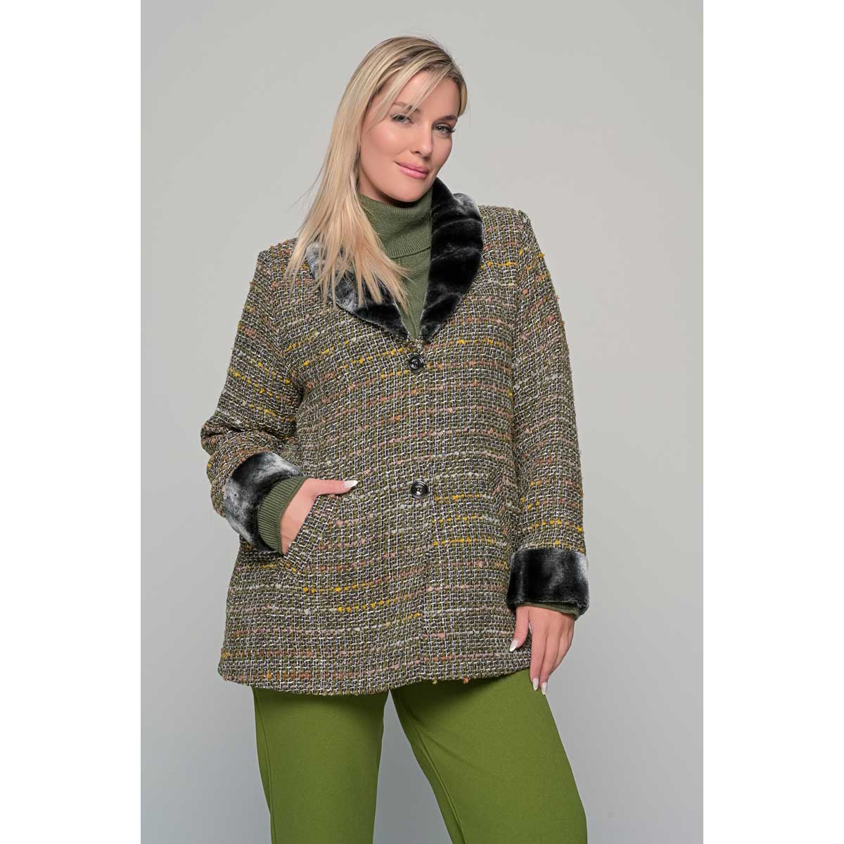 GM-56442-GR Gomore Σακάκι Λαδί Γυναικείο Μπουκλέ Με Φόδρα & Οικολογική Γούνα All Day - GM-56442-GR - Image 1