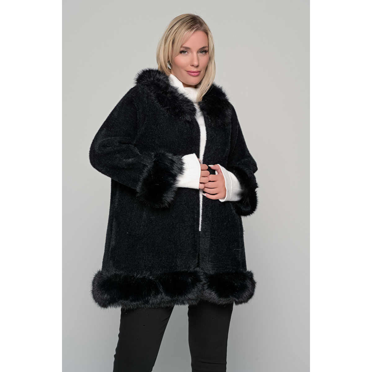GM-56469-BC-w Gomore Ημίπαλτο Μαύρο Γυναικείο Με Οικολογική Γούνα All Day - GM-56469-BC - Image 1