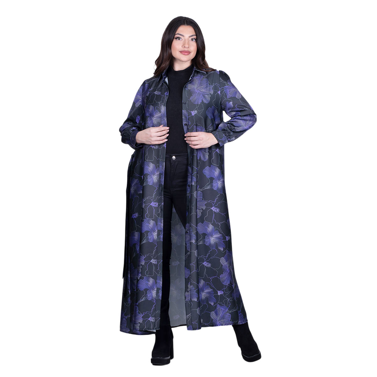 IT-193-GUwa Platinum Πουκαμίσα - Φόρεμα Μαύρη Με Μωβ Σχέδια Γυναικεία Μακριά Με Κουμπιά All Day Free Size - IT-193-GU - Image 1