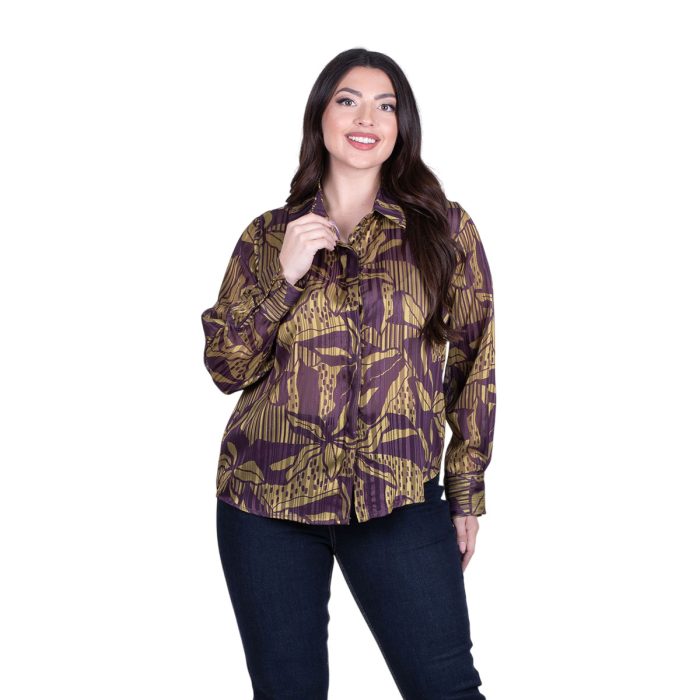 Platinum Πουκάμισο Μωβ Με Μουσταρδί Άνθη Γυναικείο Mακρυμάνικο All Day Free Size - IT-251-GU-PR