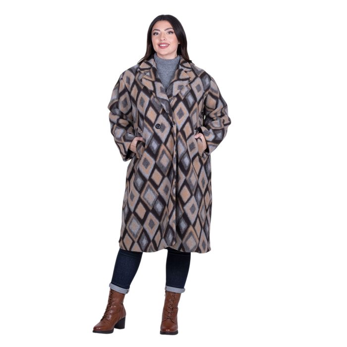 Platinum Παλτό Καφέ Με Καμηλό Γυναικείο Με Σχέδιο Ρόμβους All Day Free Size - IT-52637-BR