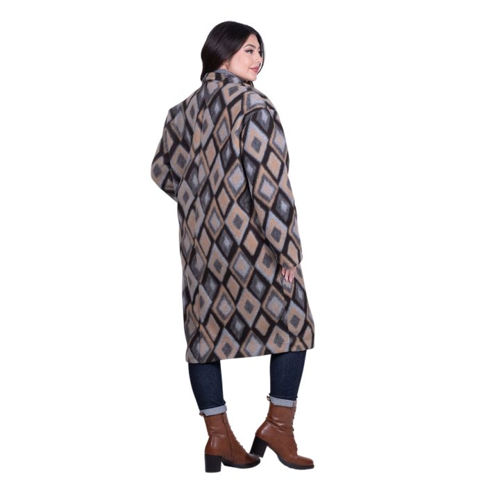 Platinum Παλτό Καφέ Με Καμηλό Γυναικείο Με Σχέδιο Ρόμβους All Day Free Size - IT-52637-BR - Image 4