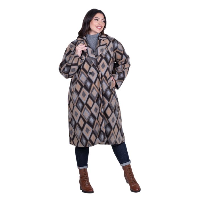 Platinum Παλτό Καφέ Με Καμηλό Γυναικείο Με Σχέδιο Ρόμβους All Day Free Size - IT-52637-BR - Image 5