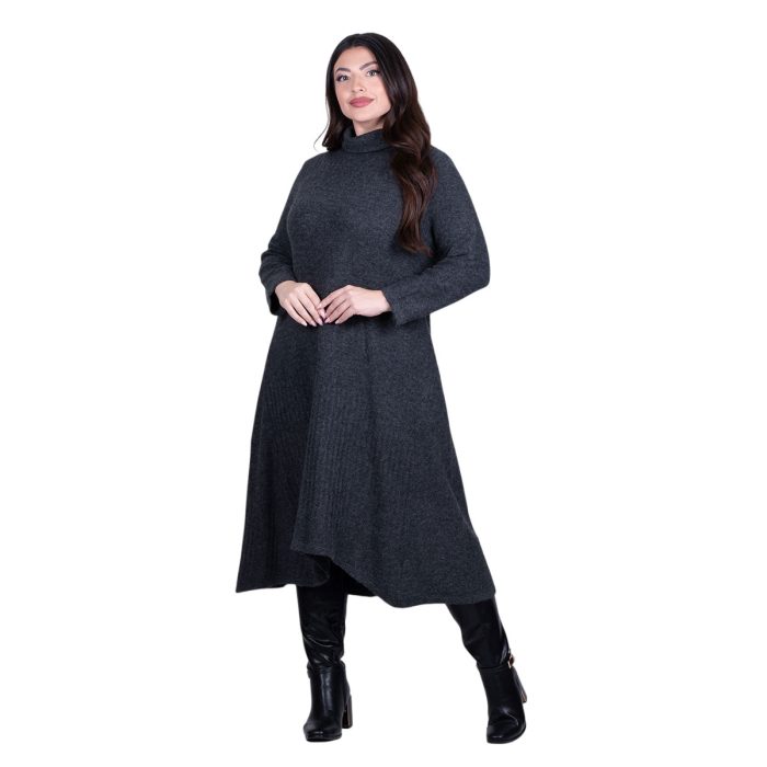 Platinum Φόρεμα Ανθρακί Γυναικείο Πλεκτό Casual Εβαζέ Ασύμμετρο All Day Free Size - IT-8422 - Image 3