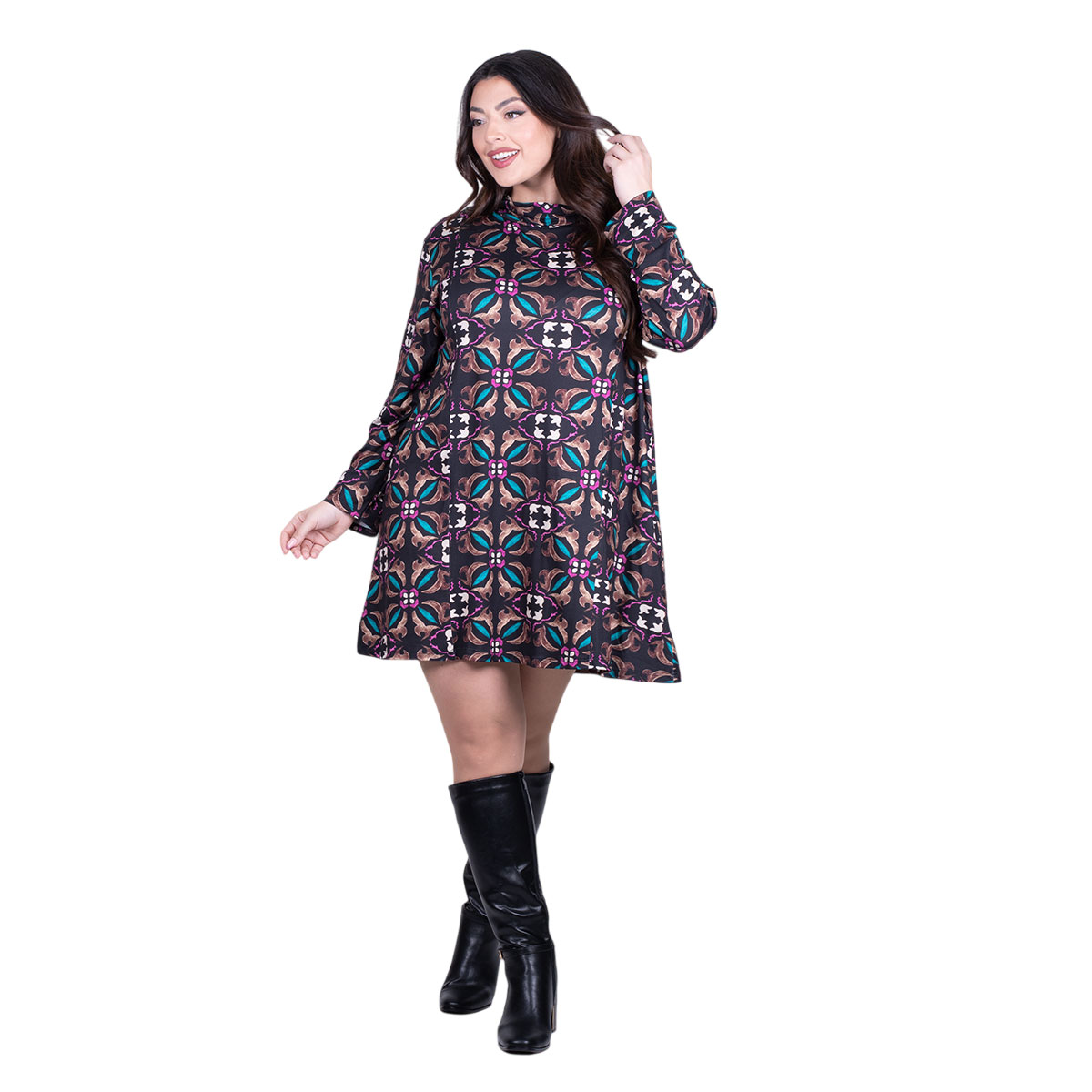 V-103-KC Platinum Φόρεμα Μαύρο Με Μωβ Boho Σχέδια Γυναικείο Κοντό Σε Άλφα Γραμμή All Day Free Size - V-103-KC - Image 1