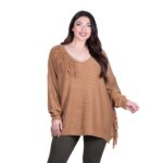 Platinum Μπλούζα Camel Γυναικεία Πλεκτή Μακριά Φαρδιά Με Ντεκολτέ & Κρόσσια Casual Free Size - 24143-CL