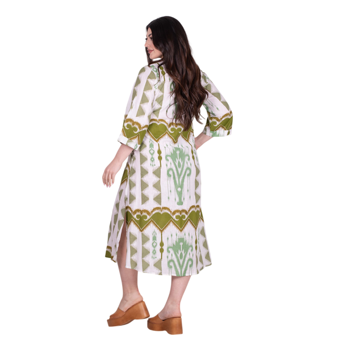 Platinum Φόρεμα Λαδί - Λευκό Με Boho Σχέδια Γυναικείο Midi Τρουακάρ Μακρύ Λινό Με Βαμβάκι - KR82409 - Image 4