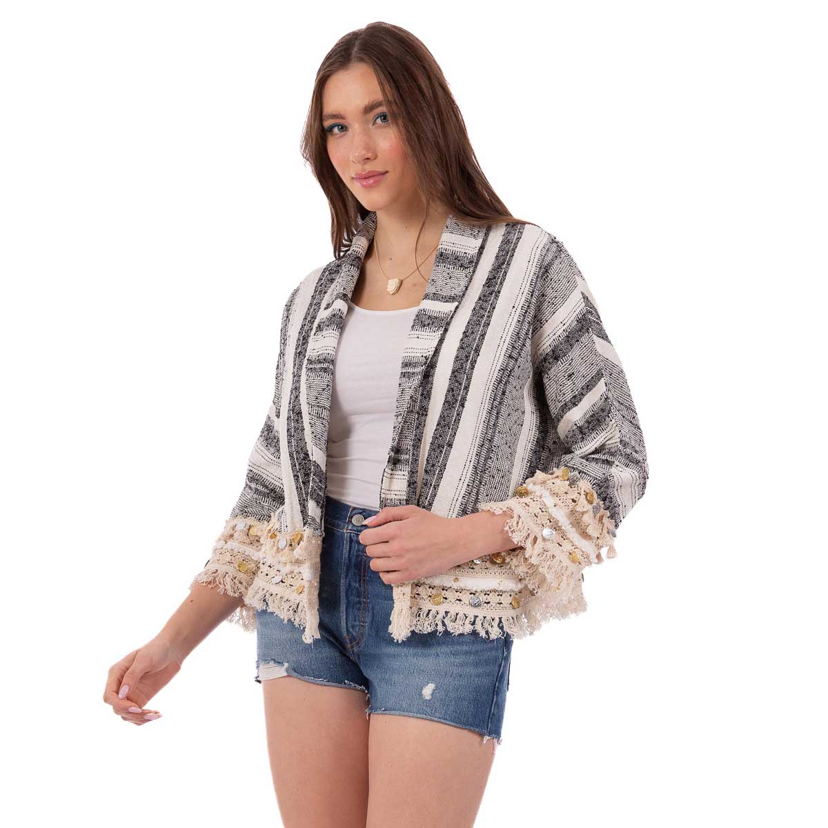 Platinum Σακάκι Λευκό Με Γκρι Ριγέ Σχέδια Γυναικείο Casual Κοντό Free Size - NA-19-J