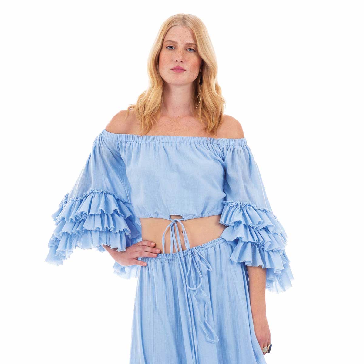 Platinum Μπλούζα Krop Top Γαλάζιο Γυναικεία Off Solder Με Βολάν All Day Free Size - 62017-SL