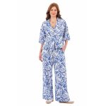 Platinum Παντελόνα Γαλάζια Με Λευκά Floral Γυναικεία Αέρινη & Λάστιχο All Day Free Size - 72512-B
