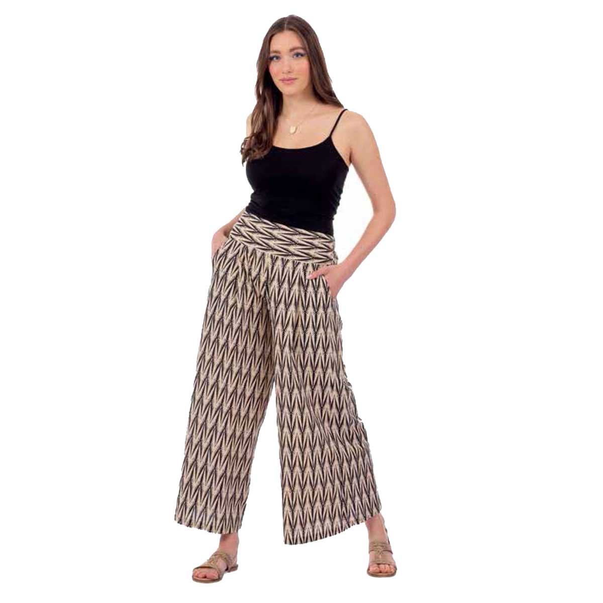 Platinum Παντελόνα Εκρού Με Μαύρα Boho Σχέδια Γυναικεία Αέρινη Με Λάστιχο All Day Free Size - 72550-72