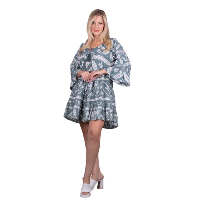Platinum Φόρεμα Μέντα Με Λευκά Boho Γυναικείο Κοντό Με Τρουακαρ All Day Free Size - 92411-MD