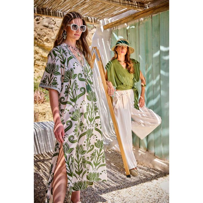 Platinum Φόρεμα - Καφτάνι Λαδί Με Εκρού Boho Σχέδια Γυναικείο Μακρύ Κοντομάνικο - 22622 - Image 4