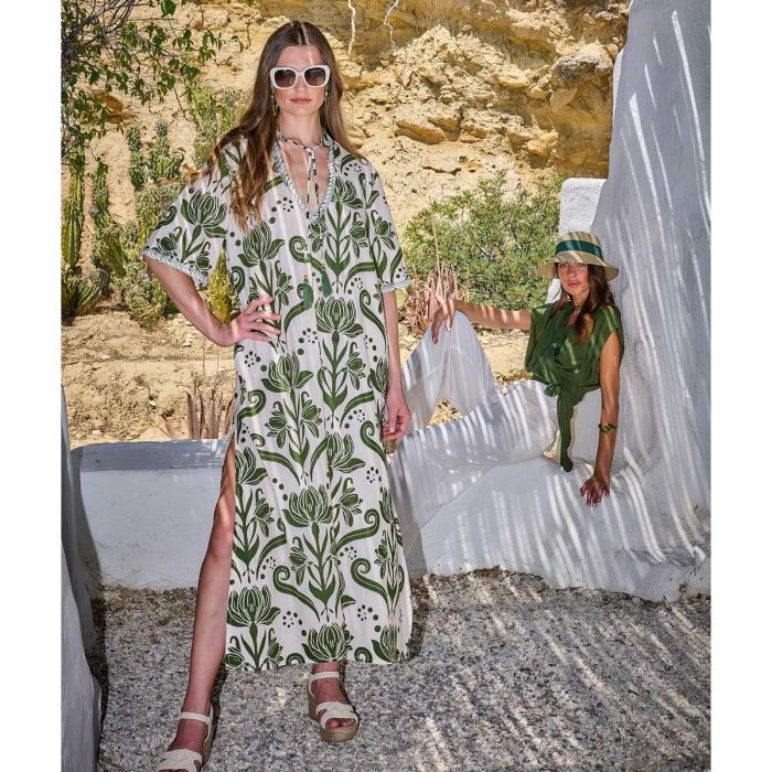 Platinum Φόρεμα - Καφτάνι Λαδί Με Εκρού Boho Σχέδια Γυναικείο Μακρύ Κοντομάνικο - 22622 - Image 5