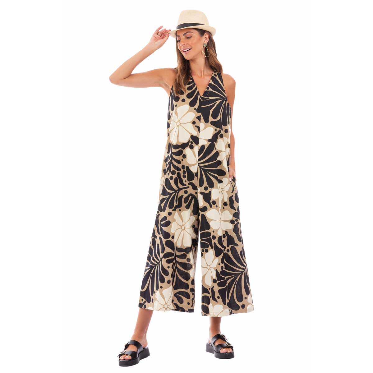 72616 Platinum Ολόσωμη Φόρμα Sumpsuit Floral Με Γήινους Χρωματισμούς Γυναικεία Τιραντέ Εξώπλατη - 72616 - Image 1