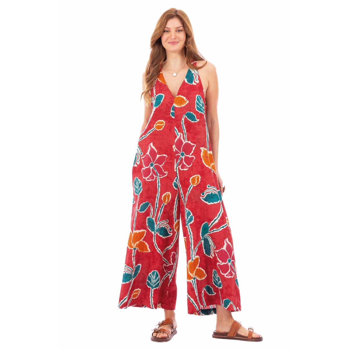 72636 Platinum Ολόσωμη Φόρμα Sumpsuit Κόκκινη Με Floral Σχέδια Γυναικεία Τιραντέ Εξώπλατη - 72636 - Image 1
