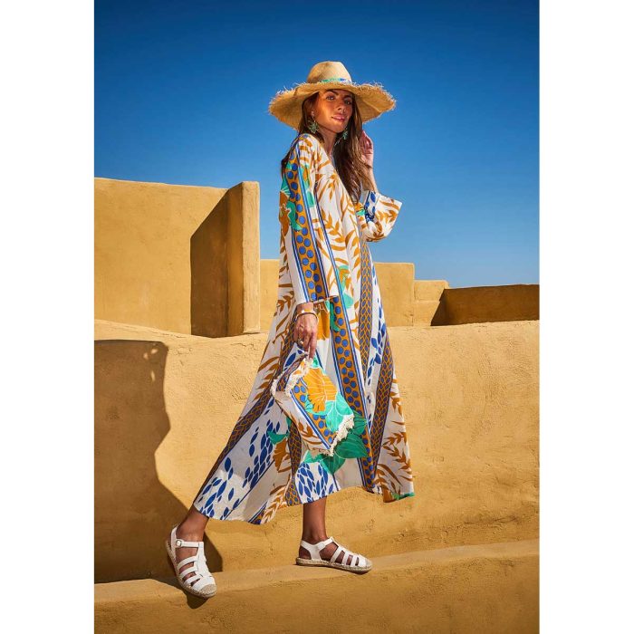 Platinum Φόρεμα Εκρού Με Floral Print Γυναικείο Μακρύ Εβαζέ Τρουακαρ All Day Free Size - 92620 - Image 3