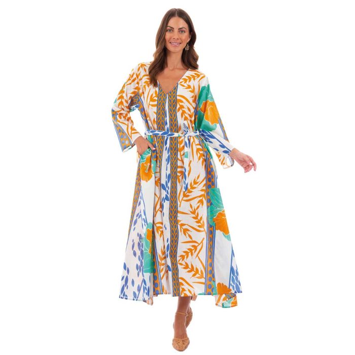 Platinum Φόρεμα Εκρού Με Floral Print Γυναικείο Μακρύ Εβαζέ Τρουακαρ All Day Free Size - 92620 - Image 4