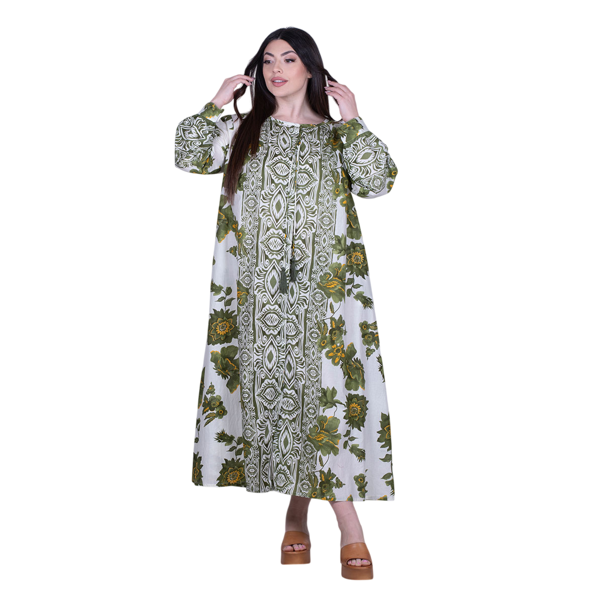 Platinum Φόρεμα Πράσινο Με Boho - Floral Γυναικεία Midi Και Κουμπιά All Day Free Size - 92672-GR