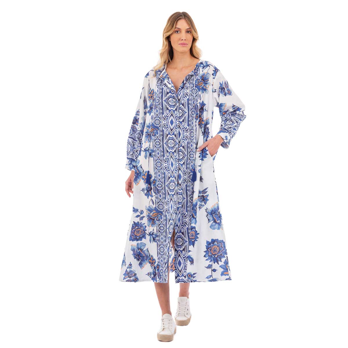 Platinum Φόρεμα Μπλε Με Boho Floral Γυναικεία Midi Και Κουμπιά All Day Free Size - 92672