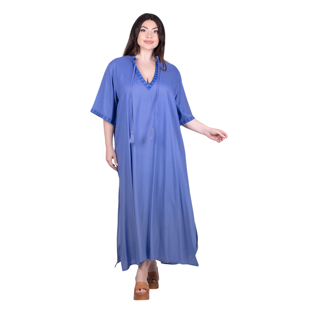 Platinum Φόρεμα - Καφτάνι Μπλε Denim Γυναικείο Μακρύ Κοντομάνικο All Day Free Size - BL22638