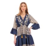 Platinum Φόρεμα Μπλε Denim Με Εκρού Σχέδια Γυναικείο Μακρύ Τρουακαρ All Day Free Size - CG-149 - Image 2