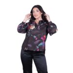 Platinum Μπλούζα Μαύρη Με Χρωματιστά Floral Γυναικεία Mακρυμάνικη All Day Free Size - FS187-GU
