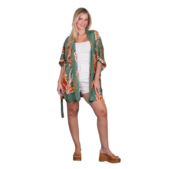 Platinum Κιμονό Πράσινο Γυναικείο Με Floral Print Silk Κοντό Τρουακάρ All Day - FS42391