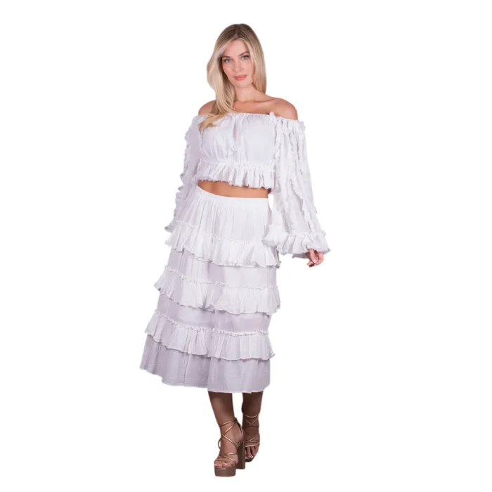 Platinum Φούστα Λευκή Γυναικεία Girly Mε Σειρές Βολάν Midi Free Size - SAR-62105-W