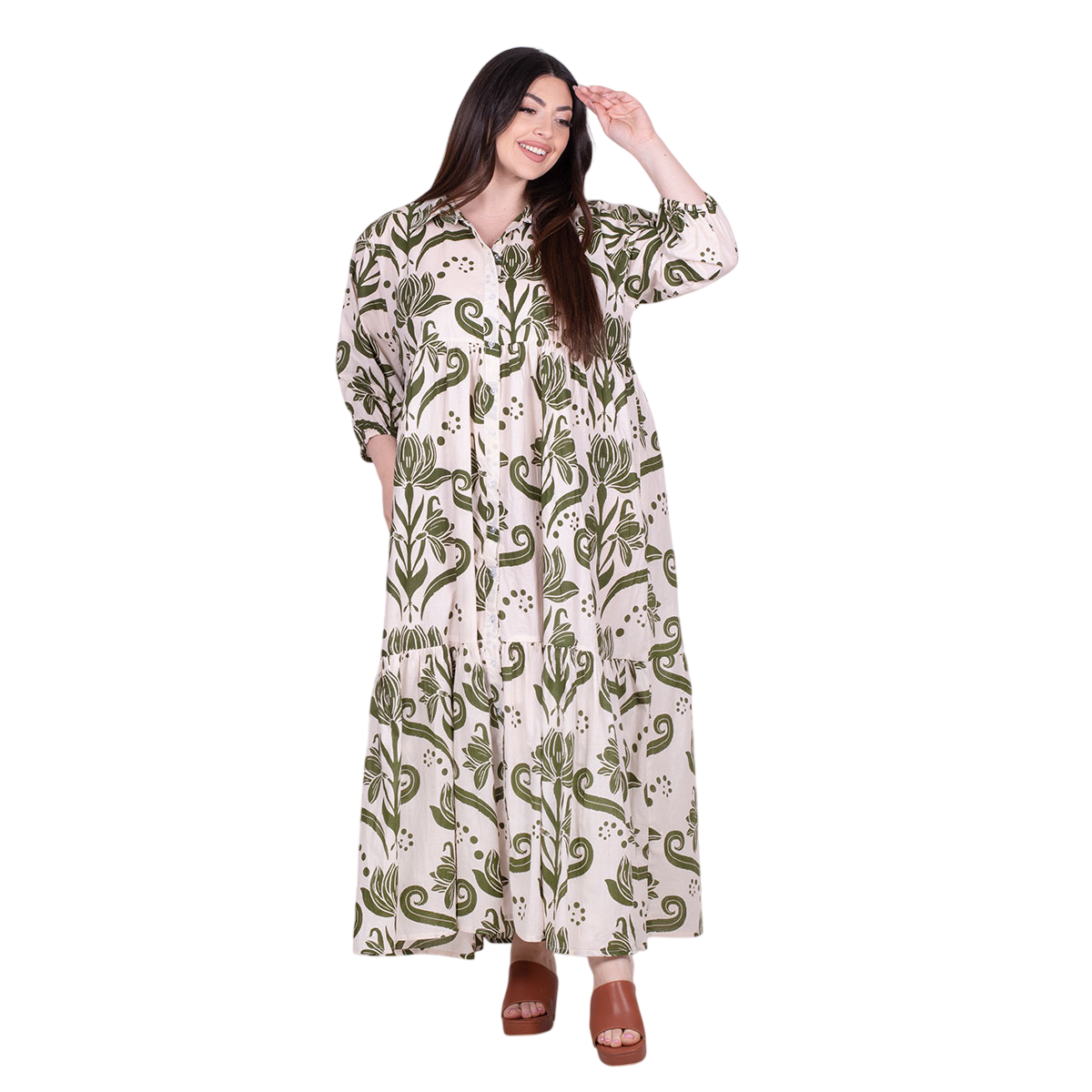 Platinum Φόρεμα Εκρού Με Λαδί Floral Print Γυναικείο Μακρύ Με Κουμπιά Τρουακάρ All Day - RA22623