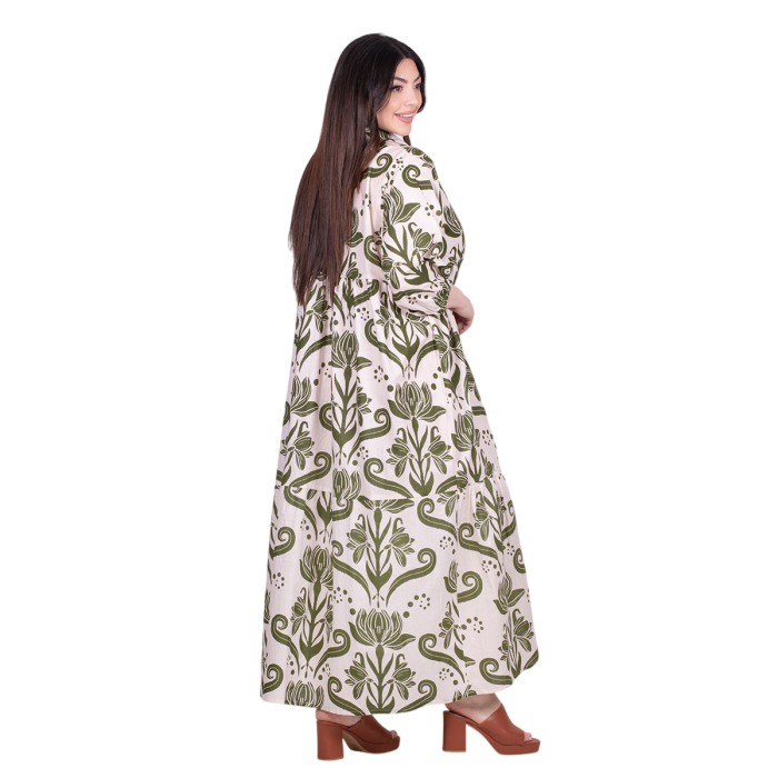 Platinum Φόρεμα Εκρού Με Λαδί Floral Print Γυναικείο Μακρύ Με Κουμπιά Τρουακάρ All Day - RA22623 - Image 4