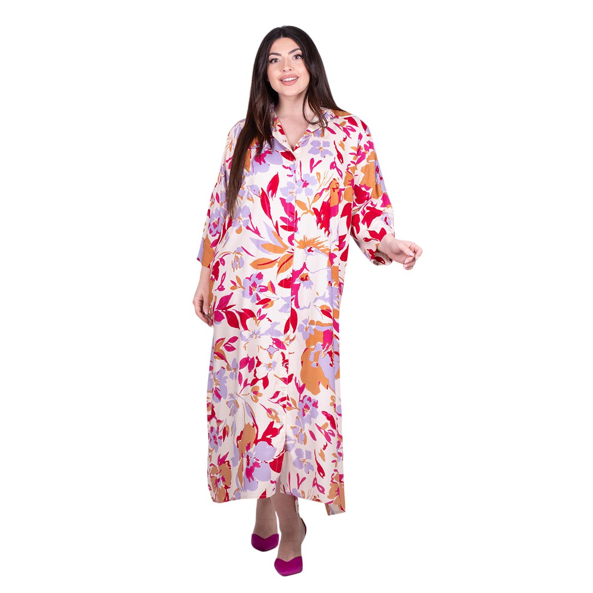 Platinum Φόρεμα - Πουκαμίσα Λευκό Πολύχρωμα Floral Print Γυναικείo Με Κουμπιά All Day Free Size - RA22643