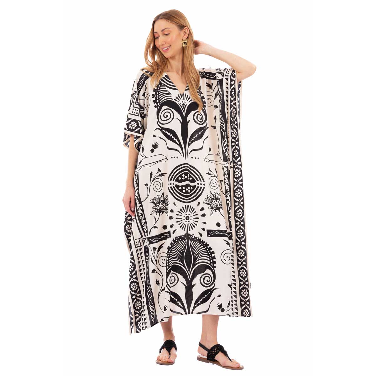 Platinum Καφτάνι Λευκό Γυναικείο Με Μαύρα Floral Σχέδια Maxi Free Size - 22655