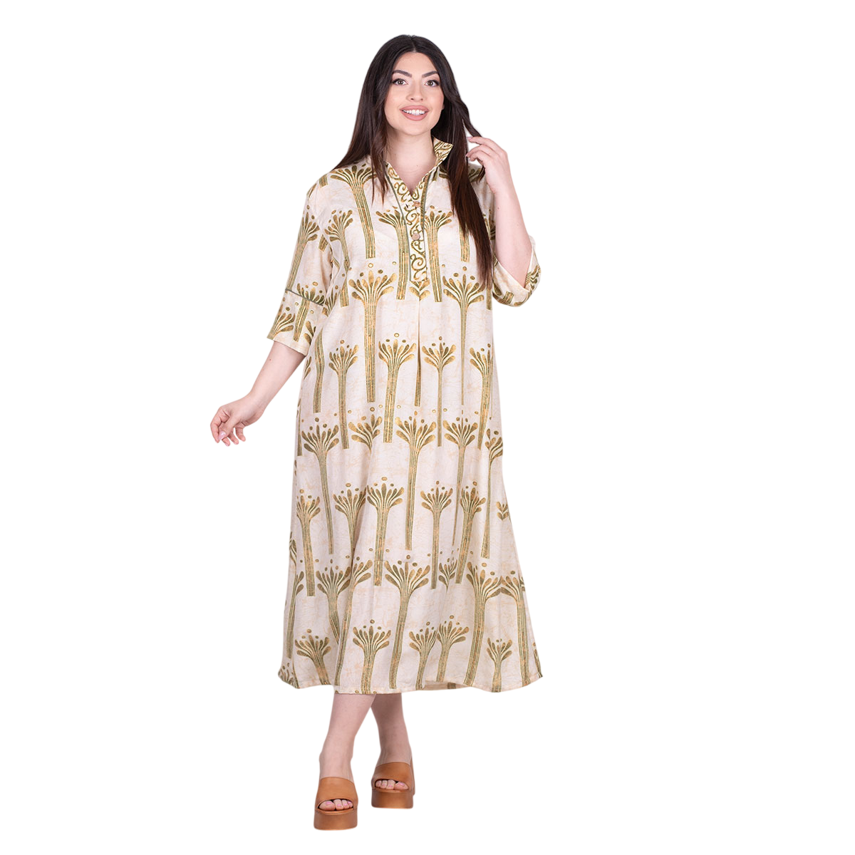 Platinum Φόρεμα Εκρού Γυναικείo Με Λαδί Boho Print Midi All Day Free Size - 82626-GR