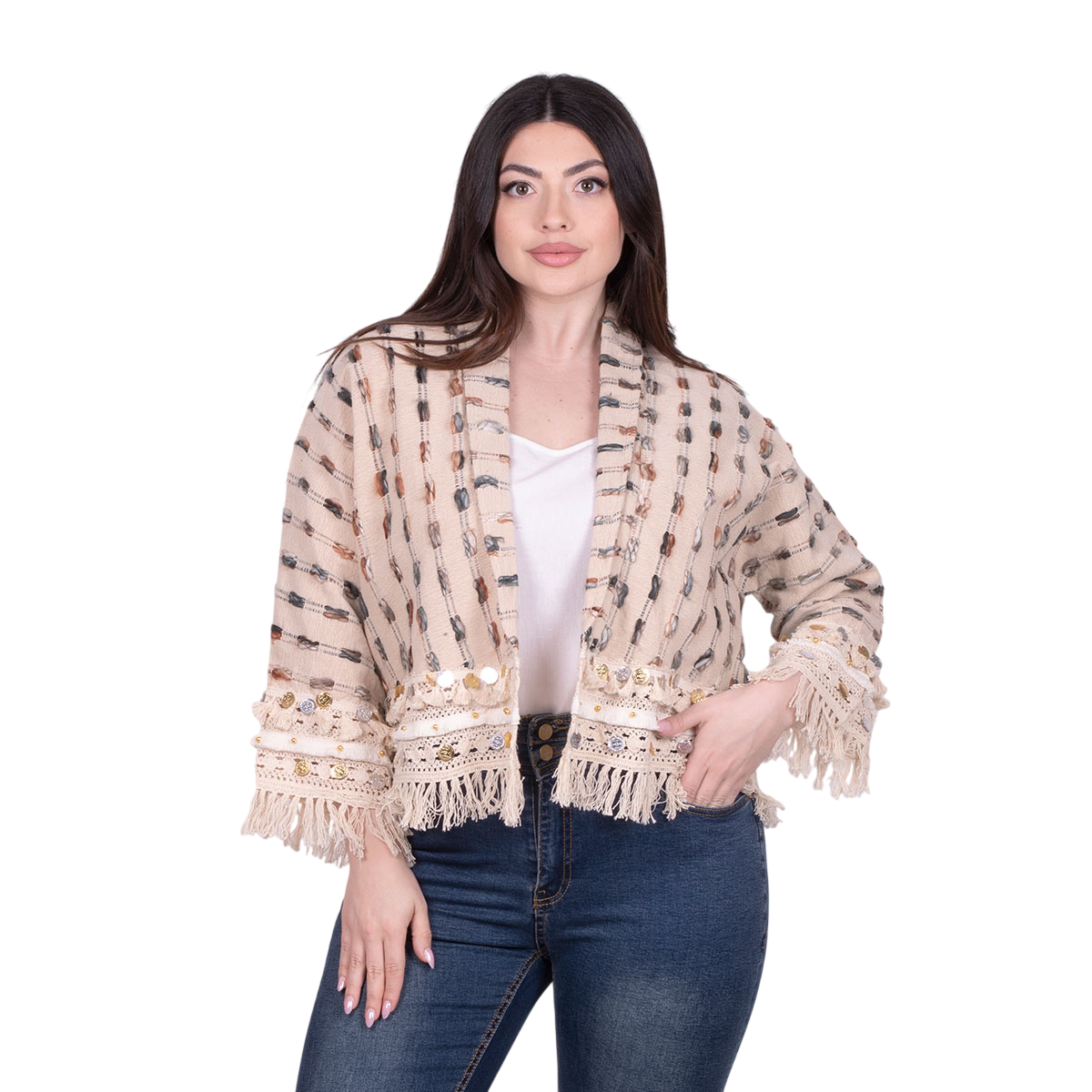 Platinum Σακάκι Μπεζ Γυναικείο Casual Κοντό Με Γήινα Ανάγλυφα Σχέδια All Day Free Size - CNA-18-J
