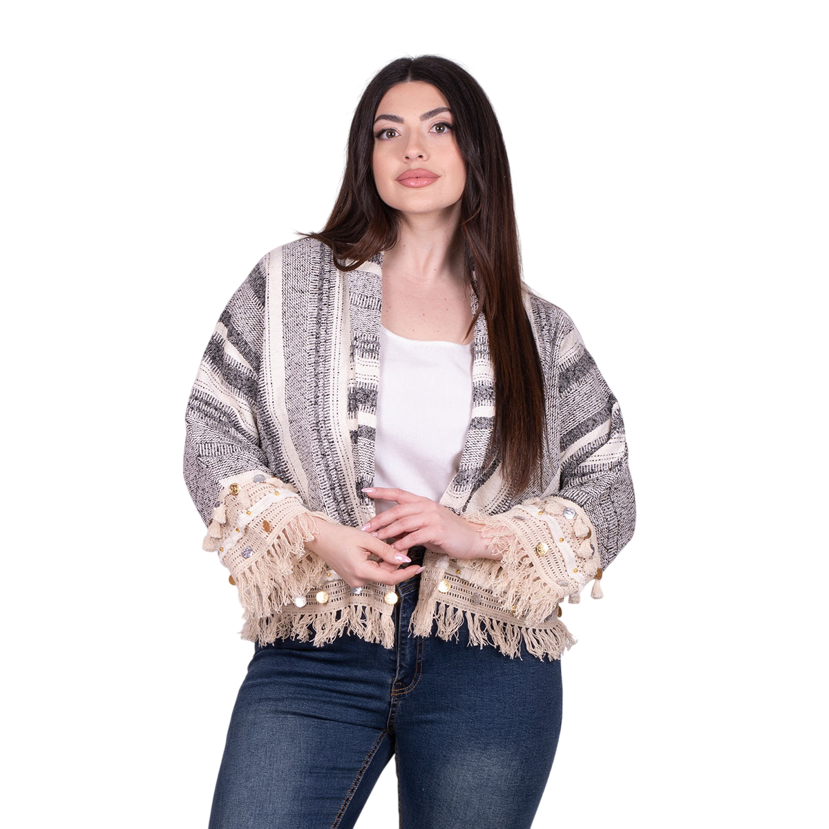 Platinum Σακάκι Λευκό Με Γκρι Ριγέ Σχέδια Γυναικείο Casual Κοντό Free Size - CNA-19-J